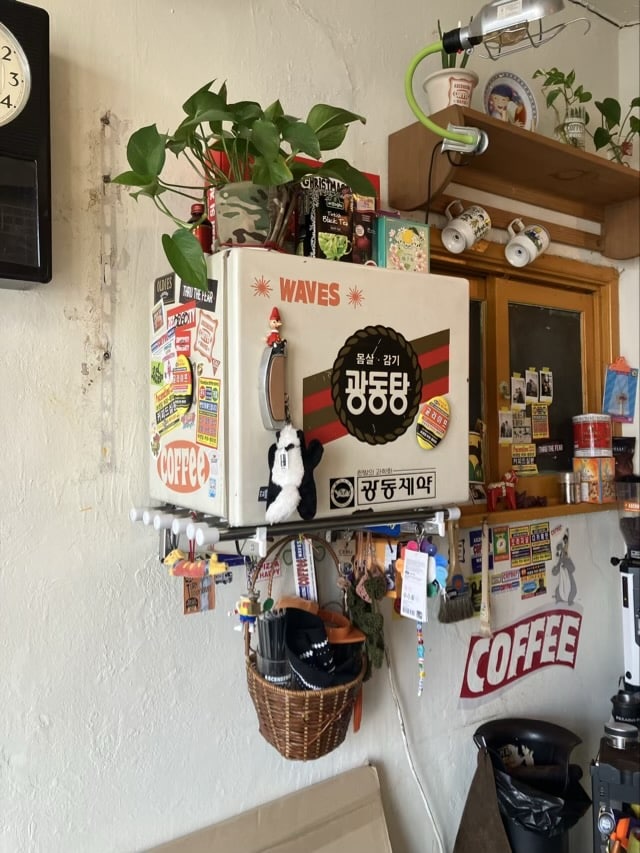 광동탕 스티커가 붙은 빈티지 냉장고와 식물로 꾸민 고대 카페 내부